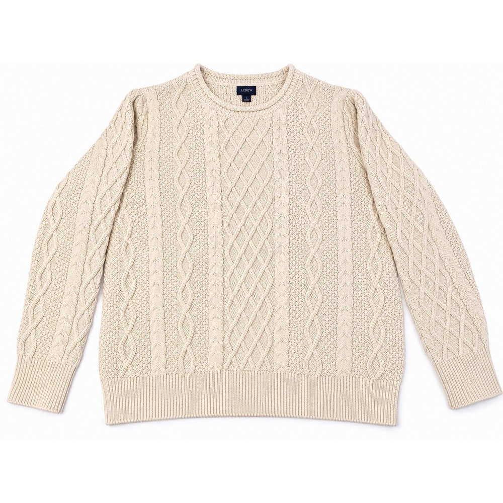 J Crew Cream Cable Knit Roll Neck Crew Neck Cotton Sweater L Quiet Luxury Fall